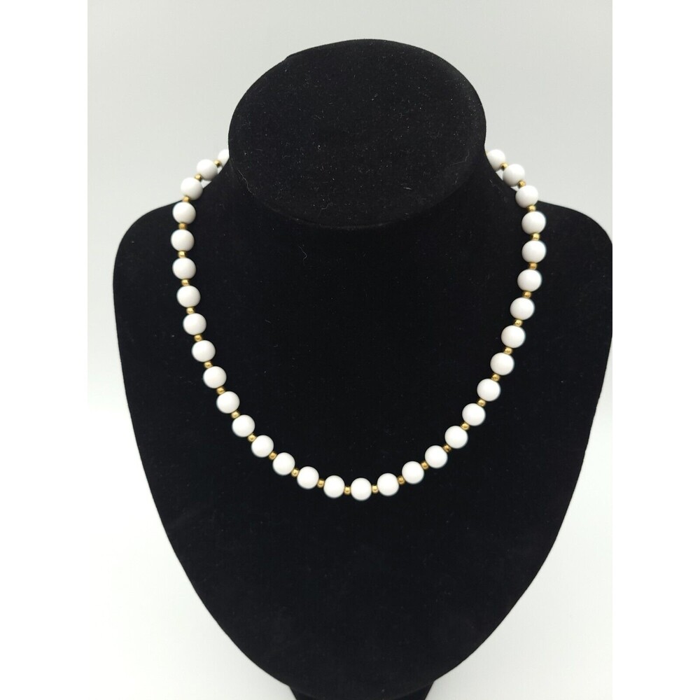 Vintage Monet Signed Gold Tone Gold & White Beaded Necklace‎ Adjustable Length